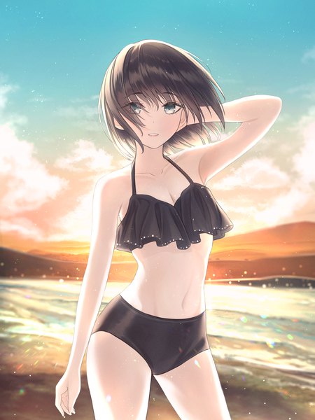 Anime picture 2000x2667 with original youngsok single tall image looking at viewer fringe highres short hair blue eyes light erotic black hair hair between eyes standing sky cloud (clouds) outdoors parted lips hair over one eye evening sunset