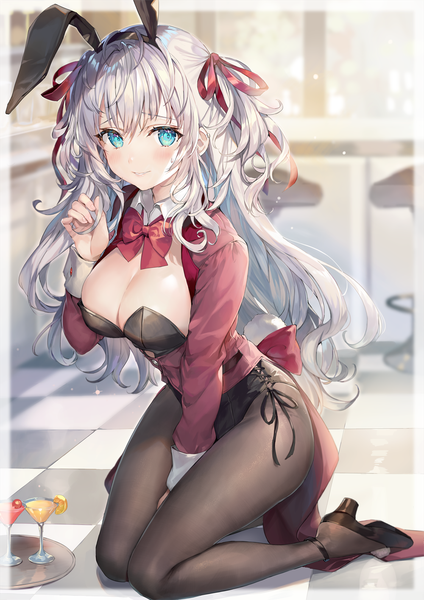 Anime picture 1000x1415 with original momoko (momopoco) single long hair tall image looking at viewer blush fringe breasts blue eyes light erotic smile hair between eyes large breasts animal ears cleavage silver hair full body indoors tail