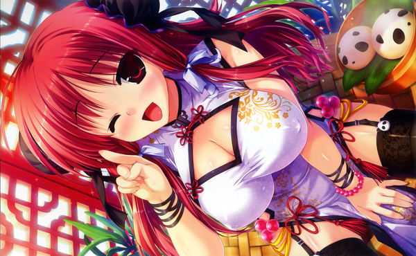 Anime picture 3966x2450 with prism recollection renjou sayaka shintarou single long hair highres open mouth light erotic red eyes wide image absurdres cleavage red hair one eye closed wink chinese clothes girl thighhighs black thighhighs chinese dress