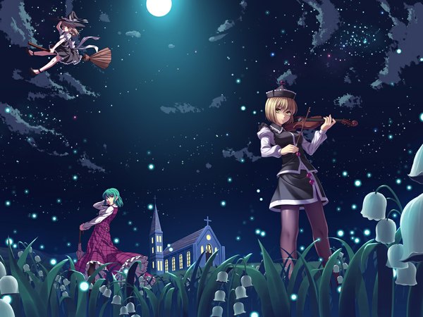 Anime picture 1120x840 with touhou kirisame marisa kazami yuuka lunasa prismriver short hair blonde hair multiple girls yellow eyes cloud (clouds) green hair night night sky girl dress skirt flower (flowers) plant (plants) 3 girls moon star (stars)