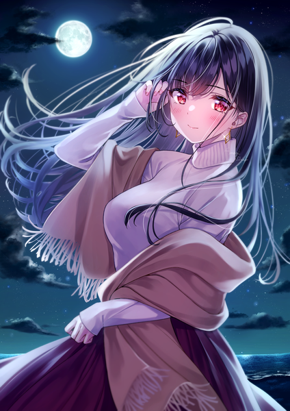 Anime picture 1488x2105 with original amagi shino single long hair tall image looking at viewer blush fringe breasts black hair red eyes large breasts standing cloud (clouds) long sleeves arm up wind night sparkle night sky