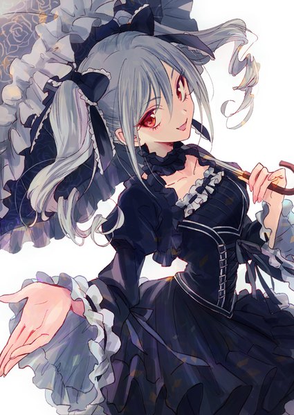 Anime picture 627x885 with idolmaster idolmaster cinderella girls kanzaki ranko akiyamabc single long hair tall image looking at viewer fringe open mouth hair between eyes red eyes white background twintails payot from above drill hair outstretched hand lolita fashion goth-loli