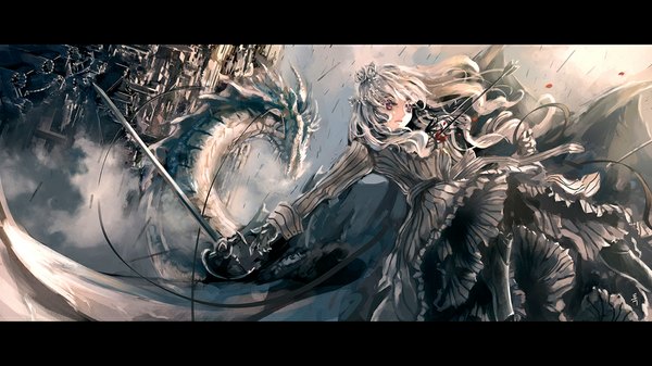 Anime picture 1000x563 with original archlich long hair wide image purple eyes white hair fantasy falling girl dress hair ornament weapon sword armor dragon arrow (arrows)