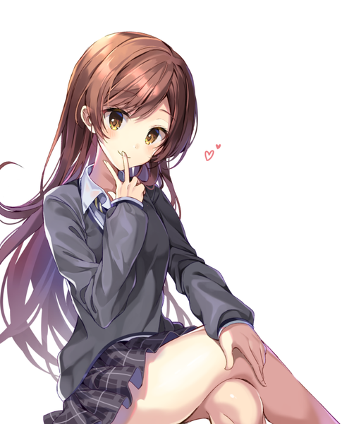 Anime picture 728x900 with idolmaster idolmaster shiny colors oosaki amana pinb single long hair tall image looking at viewer blush fringe simple background smile brown hair white background sitting holding yellow eyes long sleeves head tilt pleated skirt