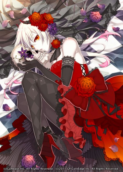 Anime picture 800x1122 with miogrobin single long hair tall image looking at viewer fringe bare shoulders holding hair flower horn (horns) inscription orange eyes high heels pale skin checkered floor checkered wedding girl dress gloves