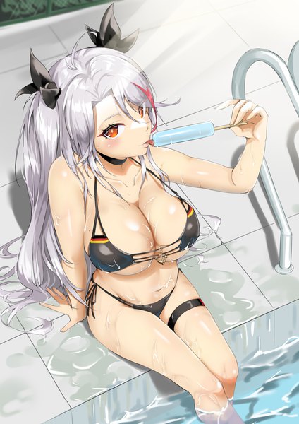 Anime picture 2894x4093 with azur lane prinz eugen (azur lane) prinz eugen (unfading smile) (azur lane) nukege ojisan single long hair tall image looking at viewer blush fringe highres breasts light erotic hair between eyes large breasts holding silver hair ahoge multicolored hair arm up