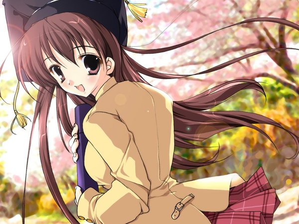 Anime picture 1024x768 with sister princess zexcs mikeou long hair blush open mouth brown hair brown eyes looking back cherry blossoms girl uniform plant (plants) school uniform tree (trees)