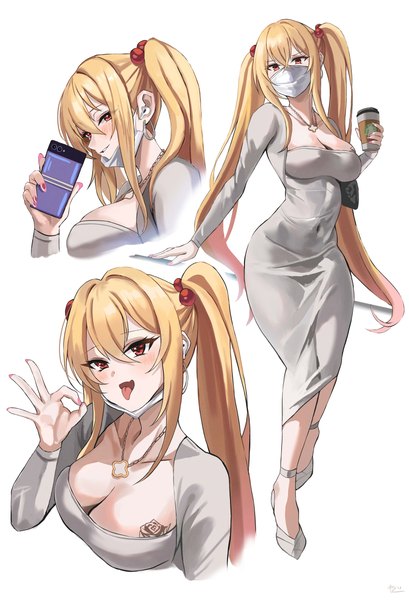 Anime picture 4232x6203 with original starbucks dongtan lady (k pring) sayuri (k pring) yato (yama0x1) long hair tall image fringe highres breasts light erotic simple background blonde hair hair between eyes red eyes white background absurdres cleavage covered navel multiview