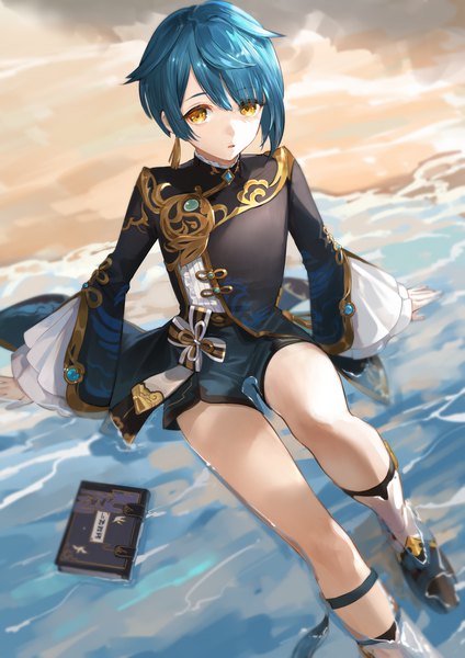 Anime picture 1200x1697 with genshin impact xingqiu (genshin impact) nima (niru54) single tall image looking at viewer short hair yellow eyes blue hair outdoors from above arm support partially submerged boy water shorts book (books) single earring