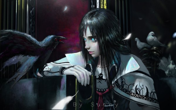 Anime picture 5610x3508 with original sunny (artist) single long hair fringe highres blue eyes black hair sitting absurdres indoors parted lips lips pale skin eye contact girl animal bird (birds) feather (feathers) crow