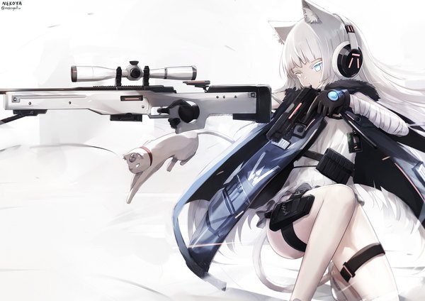 Anime picture 1638x1158 with girls frontline original awp (girls frontline) (nekoya (liu)) nekoya (liu) single long hair fringe blue eyes light erotic holding animal ears yellow eyes looking away white hair tail blunt bangs animal tail cat ears cat girl cat tail