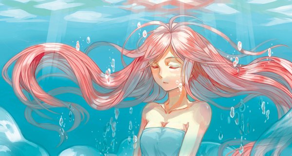 Anime picture 3000x1613 with original zn (vanessa07) single long hair highres open mouth wide image bare shoulders pink hair eyes closed sunlight underwater girl dress water bubble (bubbles) blue dress