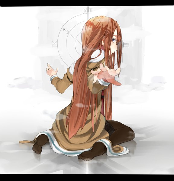 Anime picture 2400x2500 with steins;gate white fox makise kurisu hajime kaname single long hair tall image looking at viewer highres brown hair sitting profile looking back black eyes no shoes wariza letterboxed spread arms girl pantyhose