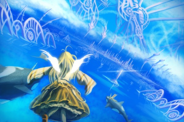 Anime picture 1200x800 with original gtd-carthage long hair blonde hair sky landscape wings water