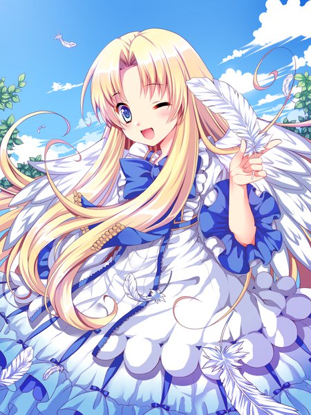 Anime picture 1200x1600 with tate no yuusha no nariagari kinema citrus firo (tate no yuusha no nariagari) ayamisiro single tall image blush open mouth blue eyes blonde hair holding sky cloud (clouds) very long hair one eye closed wink ;d white wings girl dress