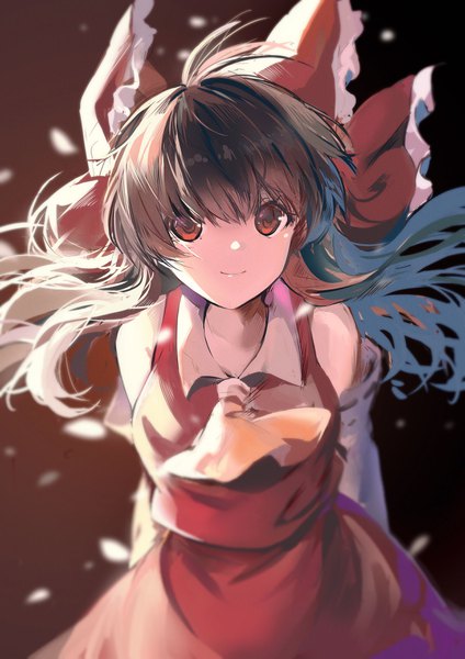 Anime picture 2480x3508 with touhou hakurei reimu kita (kitairoha) single long hair tall image looking at viewer highres smile red eyes brown hair ahoge shaded face hands behind back girl skirt bow hair bow skirt set ascot