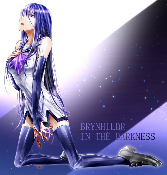 Anime picture 800x836 with gokukoku no brynhildr arms corporation kuroha neko gohan single long hair tall image fringe breasts blue eyes large breasts bare shoulders looking away cleavage bent knee (knees) midriff kneeling hand on chest blood on face bleeding