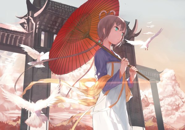 Anime picture 1234x868 with vocaloid vocaloid china luo tianyi ran (pixiv2957827) single long hair brown hair traditional clothes aqua eyes chinese clothes mountain girl animal bird (birds) umbrella shawl hanfu