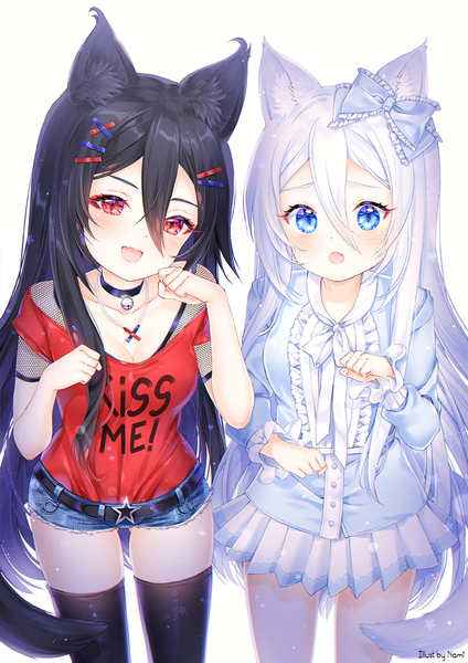 Anime picture 848x1200 with original miyuki (natsumii chan) nami (nyaa) long hair tall image looking at viewer blush fringe breasts open mouth blue eyes black hair simple background smile hair between eyes red eyes standing white background multiple girls signed