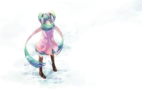 Anime picture 1920x1200 with vocaloid hatsune miku neko3 (artist) single long hair highres wide image twintails aqua eyes aqua hair snowing winter snow hands in pockets cold girl shoes winter clothes