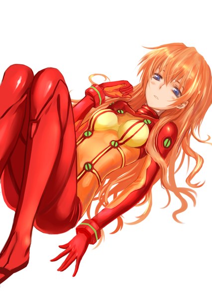 Anime picture 1240x1748 with neon genesis evangelion gainax soryu asuka langley infukun single long hair tall image blush open mouth blue eyes simple background white background orange hair on back looking down girl gloves bodysuit