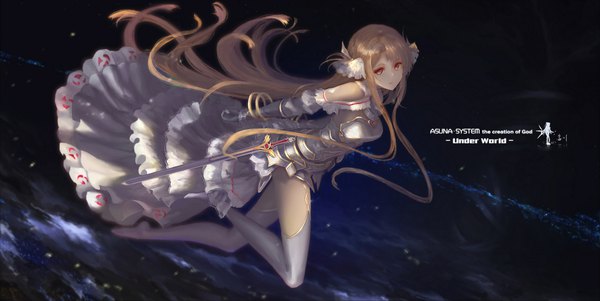 Anime picture 2152x1080 with sword art online a-1 pictures yuuki asuna wangchuan de quanyan single long hair fringe highres breasts brown hair wide image payot full body bent knee (knees) night orange eyes no shoes night sky floating hair text