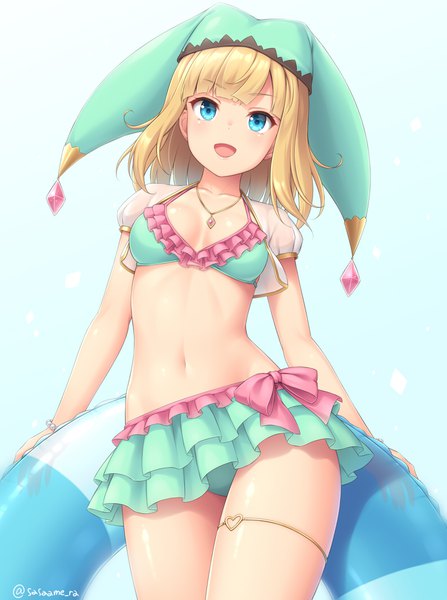 Anime picture 790x1060 with original sasaame single tall image looking at viewer blush fringe short hair breasts open mouth blue eyes light erotic blonde hair simple background smile standing holding signed cleavage blunt bangs
