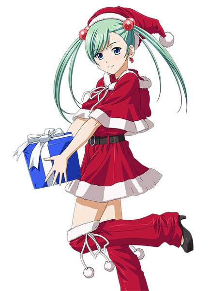 Anime picture 600x832 with ikkitousen shokatsuryou koumei single long hair tall image looking at viewer blue eyes simple background white background twintails green hair loli christmas girl dress hat gift santa claus hat santa claus costume christmas present