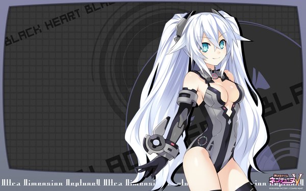 Anime picture 1920x1200 with choujigen game neptune hyperdimension neptunia mk2 kami jigen game neptune v black heart single long hair looking at viewer highres breasts blue eyes light erotic wide image twintails cleavage white hair light smile girl bodysuit
