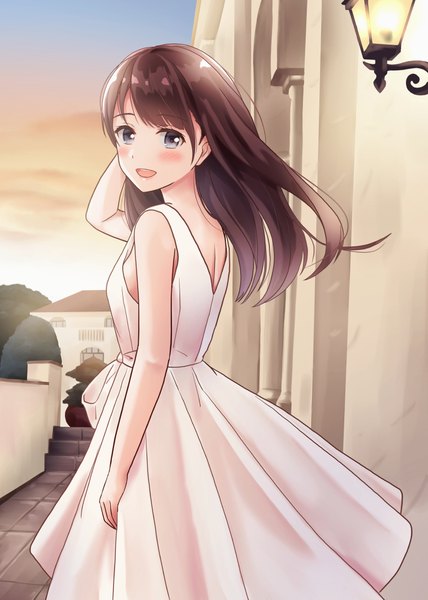 Anime picture 777x1090 with original yukimaru217 single long hair tall image looking at viewer blush fringe breasts open mouth blue eyes smile brown hair standing bare shoulders payot sky cloud (clouds) outdoors :d