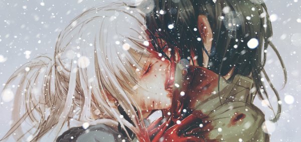 Anime picture 1308x620 with original imaginaly blank (artist) long hair short hair black hair wide image white hair eyes closed couple snowing winter licking girl boy earrings blood jewelry