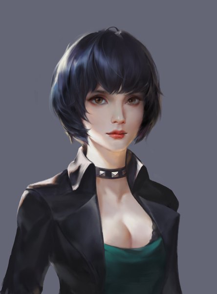 Anime picture 1920x2595 with persona 5 persona takemi tae pan xuan single tall image looking at viewer fringe highres short hair breasts black hair simple background brown eyes cleavage upper body lips realistic grey background open jacket