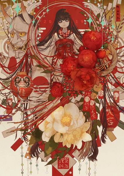 Anime picture 1768x2500 with original nanahara tall image looking at viewer highres brown hair very long hair traditional clothes japanese clothes horn (horns) grey eyes fang (fangs) new year happy new year 2019 girl flower (flowers) animal kimono bird (birds)