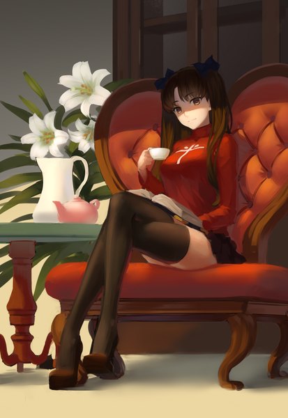 Anime picture 1252x1819 with fate (series) fate/stay night type-moon toosaka rin nuwangyang (930426) single long hair tall image looking at viewer fringe smile brown hair sitting twintails brown eyes bent knee (knees) pleated skirt crossed legs girl thighhighs