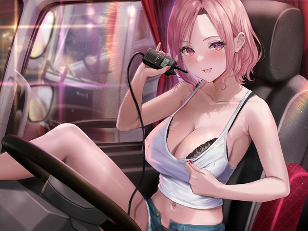 Anime picture 1820x1365 with original sakamuke single looking at viewer blush fringe highres short hair breasts open mouth light erotic smile large breasts sitting holding pink hair nail polish :d pink eyes arm up