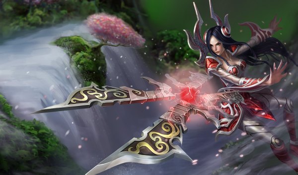 Anime picture 1215x717 with league of legends irelia (league of legends) single long hair breasts black hair wide image large breasts wind lipstick magic waterfall girl weapon plant (plants) detached sleeves petals tree (trees) water armor