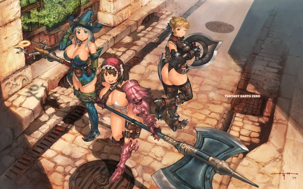 Anime picture 1680x1050 with fantasy earth urakanda highres breasts light erotic wide image ass huge breasts warrior armor staff axe