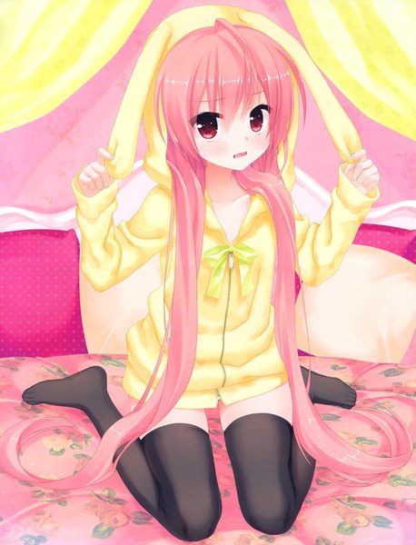 Anime picture 3800x4976 with hidan no aria kanzaki h aria kobuichi single long hair tall image blush highres open mouth light erotic red eyes pink hair absurdres scan girl thighhighs black thighhighs pajamas