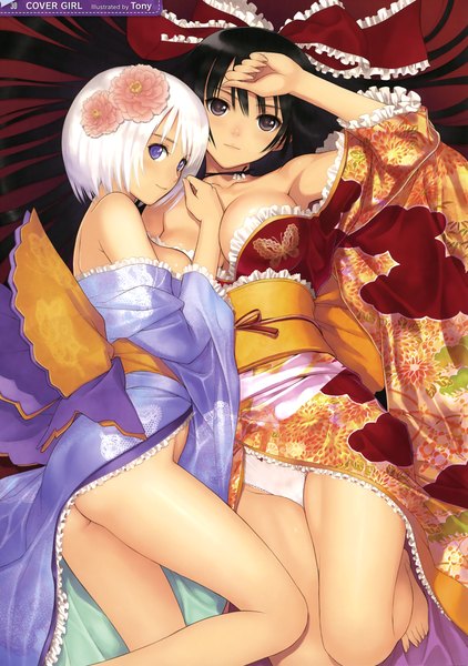 Anime picture 1961x2791 with original tony taka long hair tall image looking at viewer highres short hair breasts light erotic black hair purple eyes multiple girls white hair traditional clothes japanese clothes hair flower black eyes scan official art girl