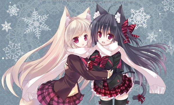 Anime picture 1979x1200 with original ojitcha p19 long hair blush highres black hair blonde hair red eyes wide image multiple girls animal ears animal tail shared scarf girl thighhighs skirt bow black thighhighs 2 girls
