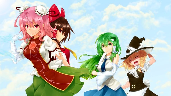 Anime picture 1920x1080 with touhou hakurei reimu kirisame marisa kochiya sanae ibaraki kasen tsukidaruma long hair highres short hair open mouth blonde hair red eyes brown hair wide image multiple girls green eyes pink hair eyes closed witch girl