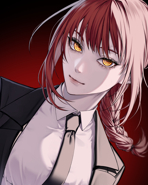 Anime picture 960x1200 with chainsaw man mappa makima (chainsaw man) hongjake single long hair tall image looking at viewer fringe simple background yellow eyes upper body red hair braid (braids) single braid red background girl shirt necktie white shirt