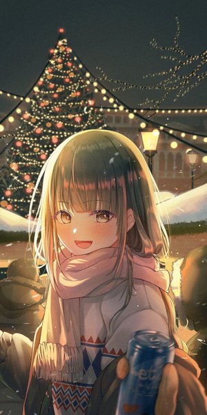 Anime picture 1500x3000 with original liso long hair tall image looking at viewer blush fringe open mouth smile brown hair standing holding brown eyes outdoors blunt bangs :d blurry off shoulder night night sky