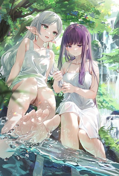Anime picture 810x1200 with sousou no frieren frieren fern (sousou no frieren) ouri (aya pine) long hair tall image fringe open mouth light erotic sitting purple eyes multiple girls green eyes silver hair purple hair outdoors blunt bangs :d pointy ears legs