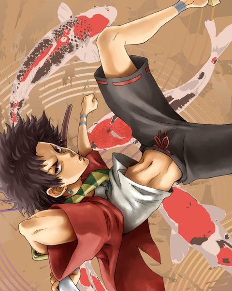 Anime picture 1280x1600 with samurai champloo mugen (samurai champloo) single tall image short hair black hair black eyes tattoo boy navel earrings shirt shorts fish (fishes)