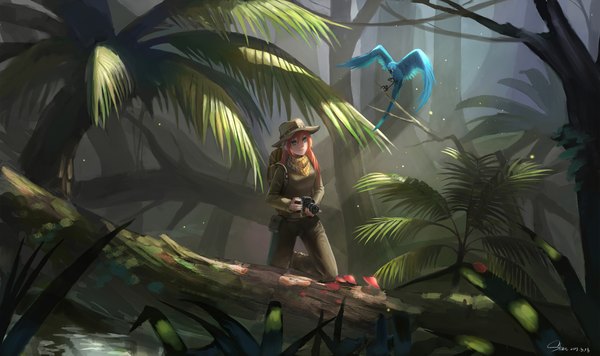 Anime picture 2000x1189 with vocaloid megurine luka shon long hair fringe highres blue eyes smile wide image standing holding looking away pink hair bent knee (knees) sunlight flying girl plant (plants) hat animal