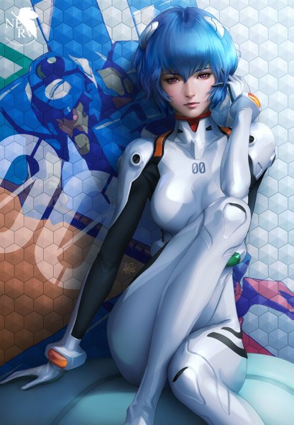 Anime picture 831x1200 with neon genesis evangelion gainax ayanami rei artgerm (stanley lau) single tall image looking at viewer blush fringe short hair breasts hair between eyes sitting purple eyes signed blue hair bent knee (knees) lips realistic arm support