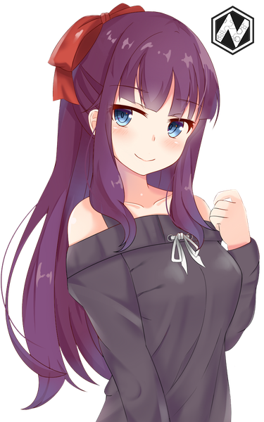 Anime picture 800x1280 with new game! doga kobo takimoto hifumi nahaki gecore single long hair tall image blush fringe blue eyes smile standing payot looking away purple hair ponytail blunt bangs long sleeves off shoulder