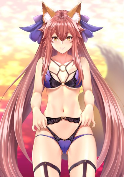 Anime picture 702x1000 with fate (series) fate/extra tamamo (fate) (all) tamamo no mae (fate) zucchini single tall image looking at viewer blush fringe breasts light erotic simple background smile hair between eyes standing twintails bare shoulders animal ears yellow eyes