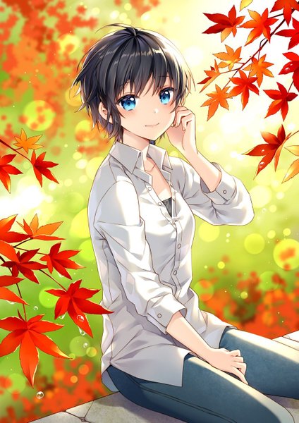 Anime picture 1000x1414 with kono koi to sono mirai oda mirai nardack single tall image looking at viewer blush fringe short hair blue eyes black hair smile sitting payot ahoge sunlight blurry depth of field lens flare adjusting hair